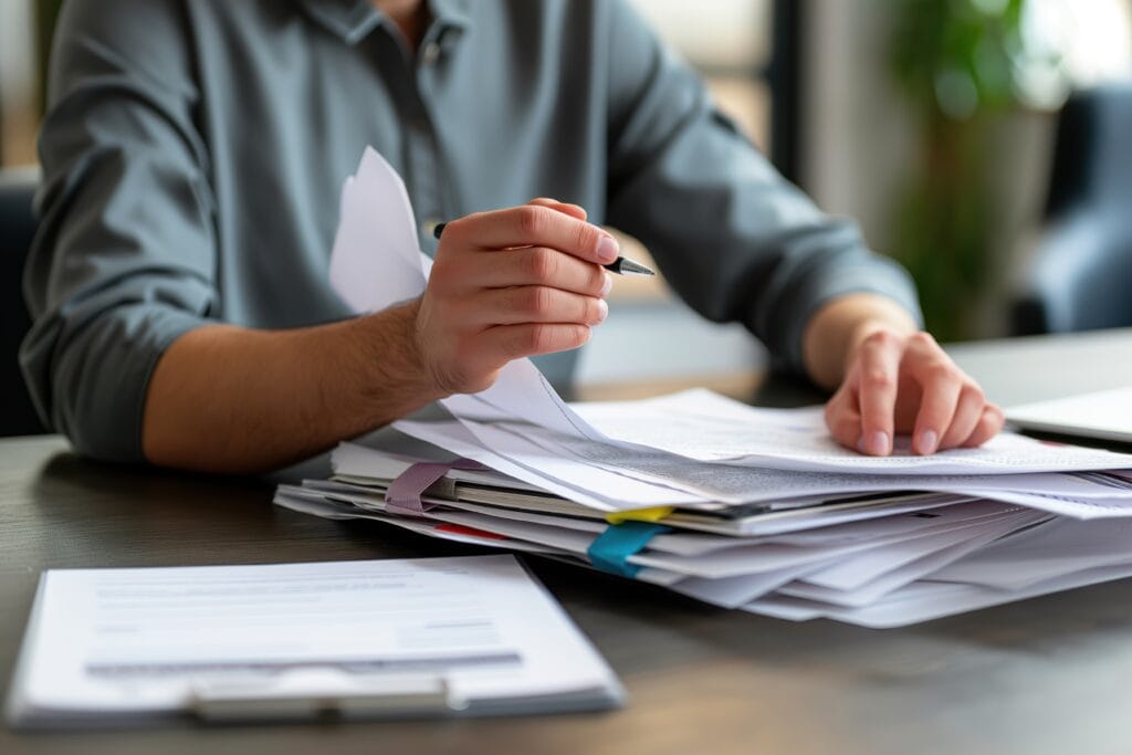 Businesswoman working at office desk with documents, files and papers. Close-up of professional female employee handling paperwork and contracts. Focus on administrative tasks and office work.